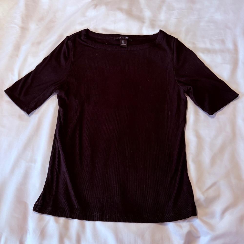 Tahari Womens Black Ribbed Knit Boat Neck Elbow Sleeve Top Size Large